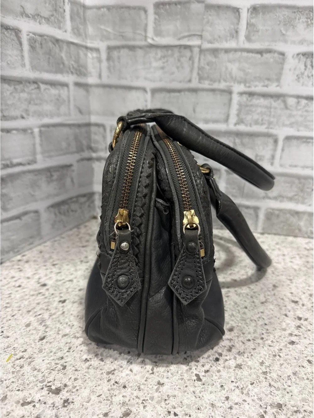 Y2K Juicy Couture Gray Leather Modern Queen Baroque Satchel with Chevron Detail